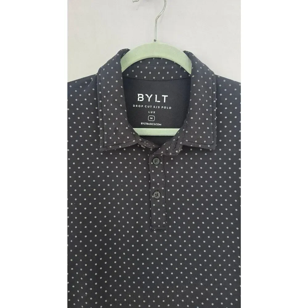 BYLT Polo Shirt Mens Medium Black Polka Dot LUX Drop Cut Stretch Short Sleeve